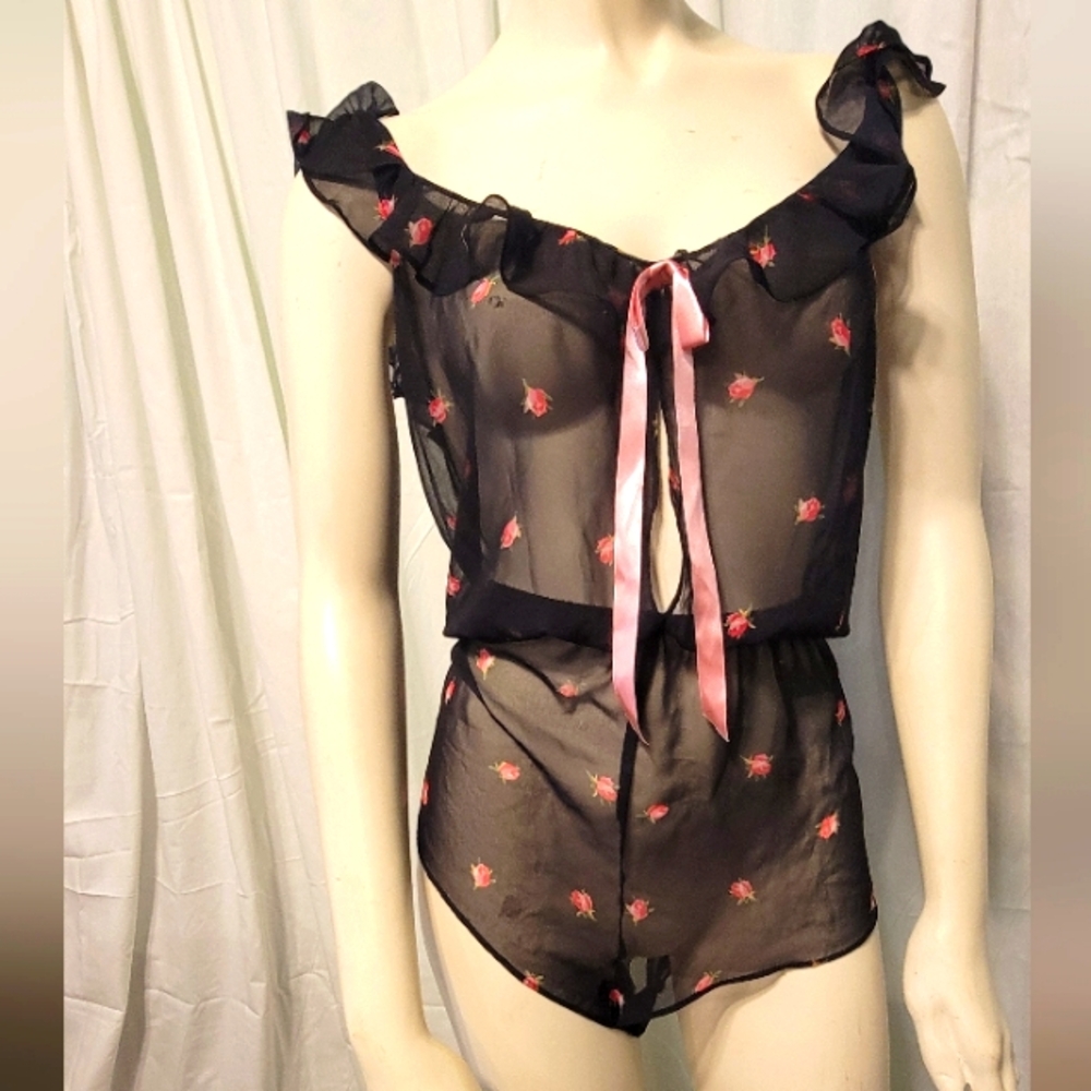 Victorias Secret Romper Lingerie Babydoll Sheer Black With Roses And Bows Size L
